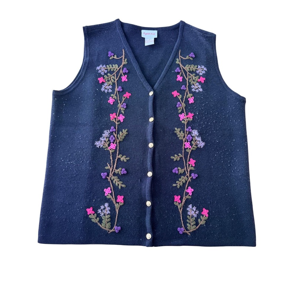 Vintage Crystal Kobe Floral Embroidered Sweater Vest Women Medium Twee‎ Cottage